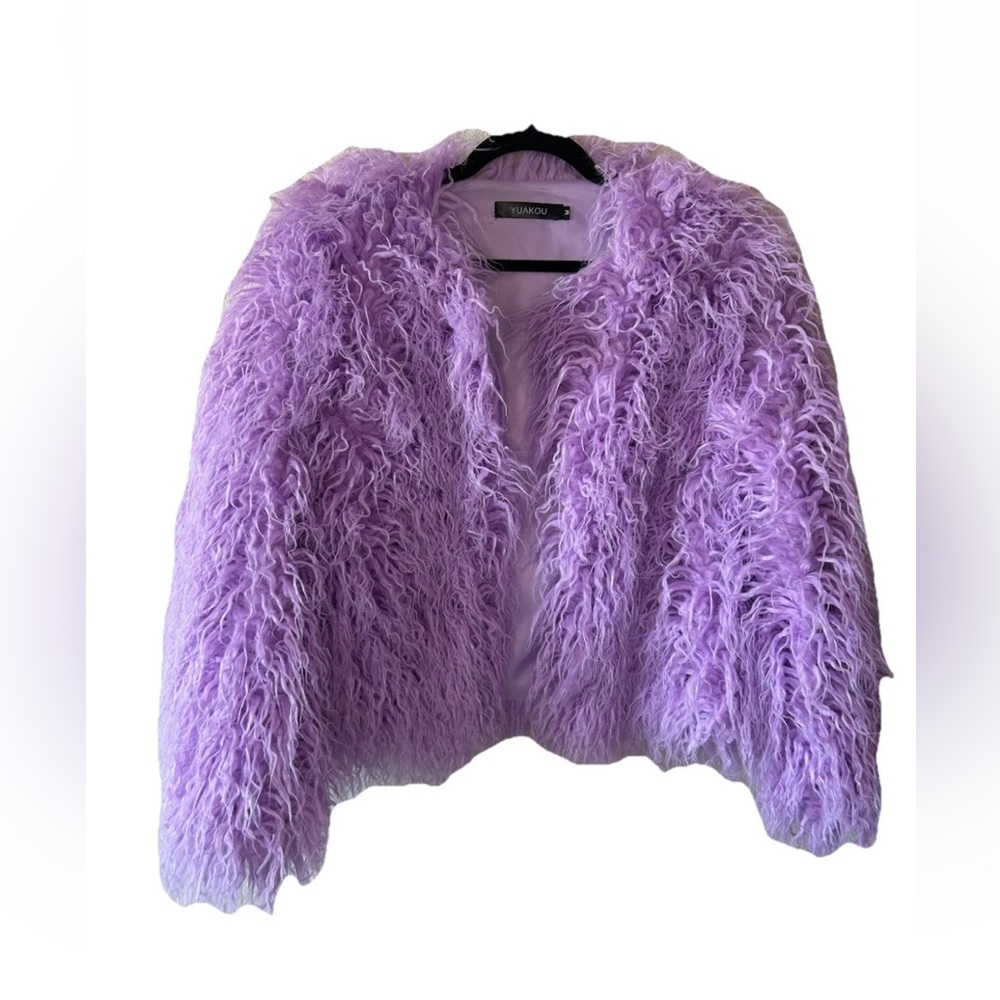 Lavender Shag Faux Fur Jacket M Cropped Y2K Festival Rave Coat Purple Shag Fur